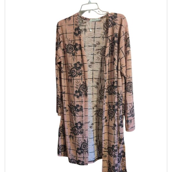 Periwinkle Blazer Pink/Black Flower Print Open Long Sleeve Open Sheer Duster - Picture 1 of 7